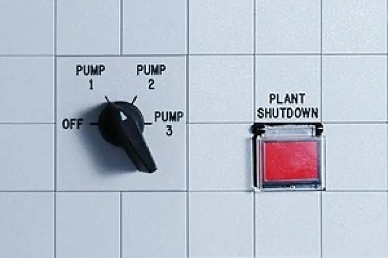 Mosaic mimic display showing button for 3 pumps and plant shutdown.