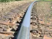 A close-up view of a curved railroad track where a layer of purple-grey material is covering the top of the rail